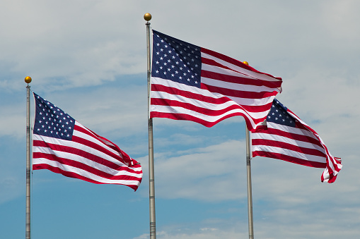 Celebrate the spirit of America with this stunning stock image of the American flag waving proudly in the breeze. With a focus on Memorial Day and Independence Day, the image showcases the flag in all its glory, with its stars and stripes representing freedom and democracy. The image captures the essence of the United States, with its patriotic symbolism and traditional colors. Perfect for event or announcement related to the country, the American flag is a powerful symbol of pride and honor.