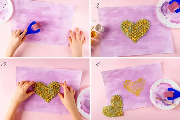 Photo of Collage DIY and kids creativity. Step by step instruction: Drawing greeting card non-standard method. Gold heart-shaped bubble wrap. Valentines, womens and mothers day craft
