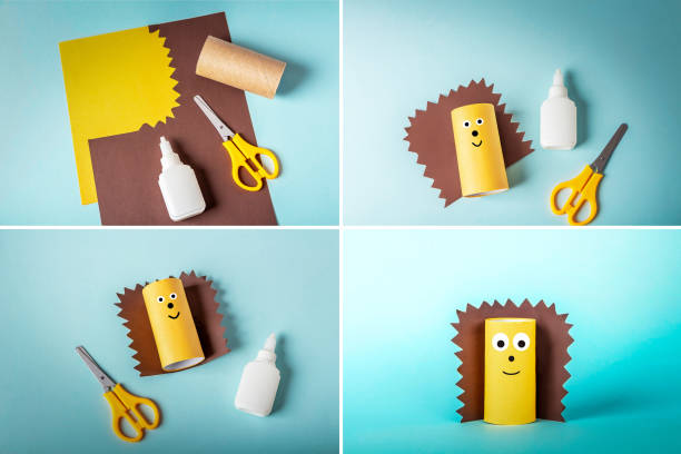 istock Collage DIY and kids creativity. Step by step instruction: making hedgehog from toilet roll tube. Children Craft workshop. Eco-friendly reuse recycle. 1316306642