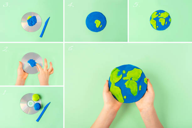 Collage DIY and children creativity. Step by step instruction: making craft planet Earth from compact disk and plasticine. World Earth or Oceans Day. Children Craft workshop.
