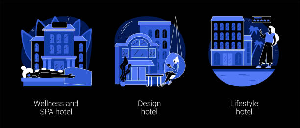 illustrazioni stock, clip art, cartoni animati e icone di tendenza di illustrazioni vettoriali concettuali astratte resort di lusso. - tourist resort hotel silhouette night