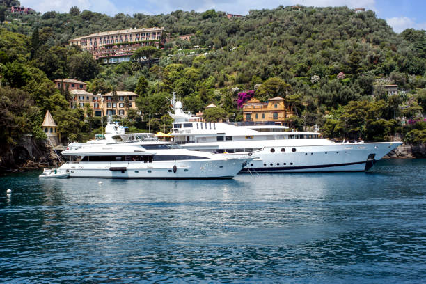 il porto esterno con yacht e incrociatori milionari a portofino, italia - ketch foto e immagini stock