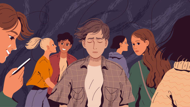 Lonely, suffering man in a crowd of people who do not notice him Lonely, suffering man in a crowd of people who do not notice him. loneliness stock illustrations