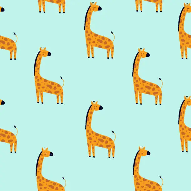 Vector illustration of Seamless vector pattern with giraffe on blue background. African animal cartoon character. Jungle, rainforest, savanna fauna. For the design of textiles, wrapping paper, wallpaper.
