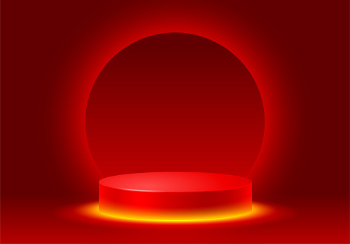 3D Scene with products display podium. Template for products advertising, presentation and promotion. Realistic circular pedestal with neon illumination on luxury red background. Vector illustration.