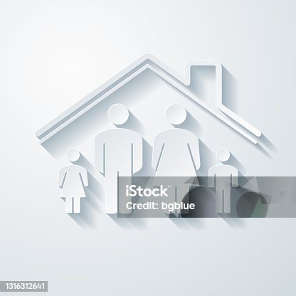 istock Family stay at home. Icon with paper cut effect on blank background 1316312641