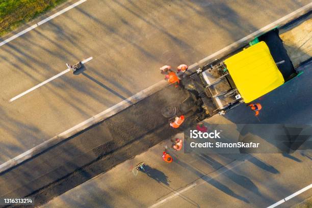 Aerial View Of Country Road Under Construction Stock Photo - Download Image Now - Road Construction, Aerial View, Road