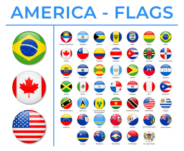 flagi świata - ameryka - północ, środkowa i południe - wektorowe okrągłe koło błyszczące ikony - argentina mexico stock illustrations