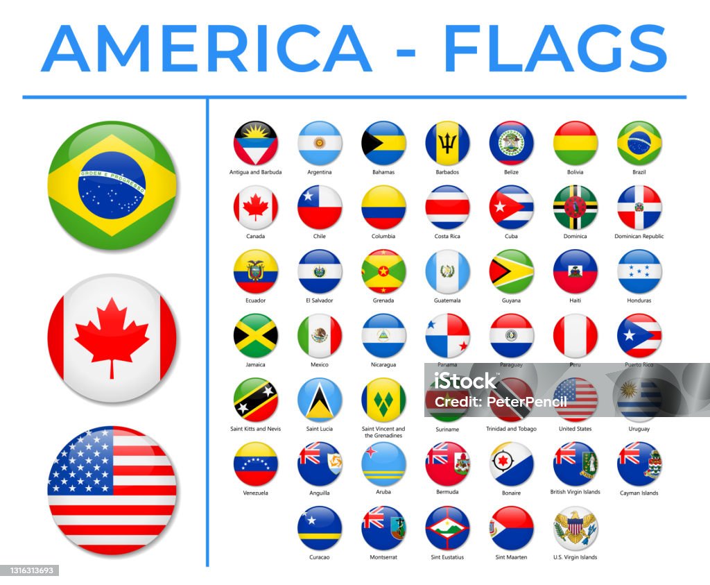 世界旗幟 - 美國 - 北，中和南 - 向量圓圓光澤圖示 - 免版稅旗幟圖庫向量圖形