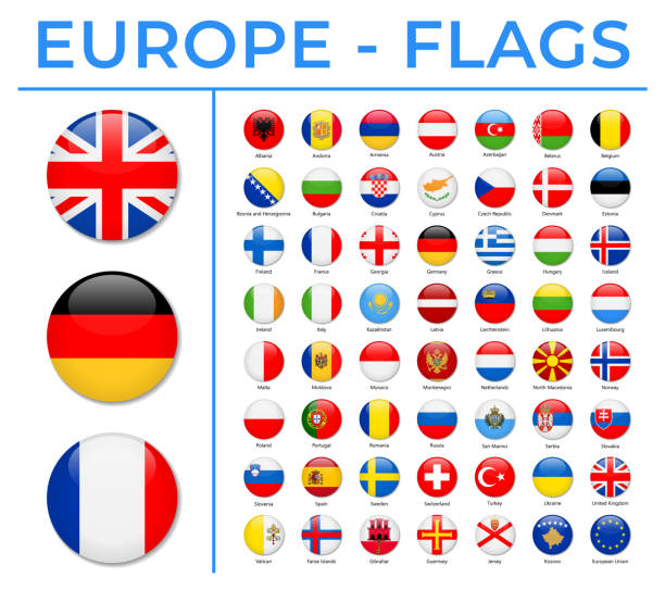 ilustraciones, imágenes clip art, dibujos animados e iconos de stock de banderas del mundo - europa - vector round circle iconos brillantes - españa suecia