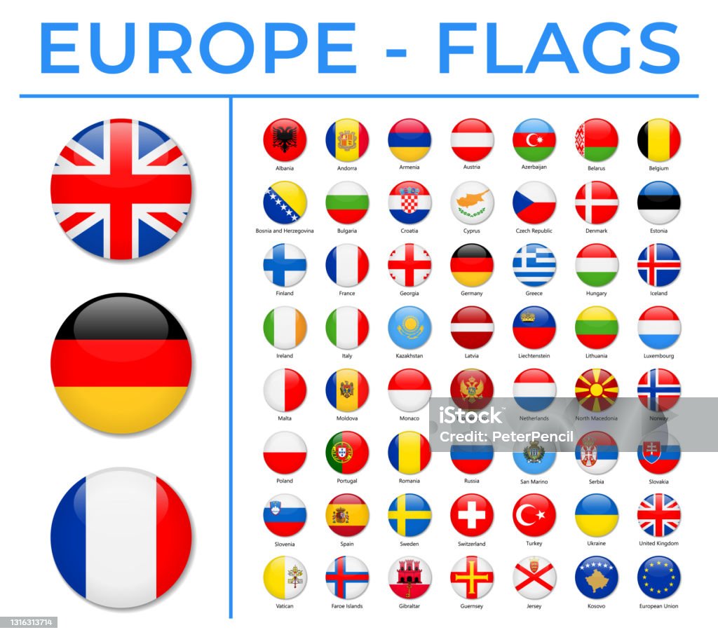 世界旗幟 - 歐洲 - 向量圓圓光澤圖示 - 免版稅旗幟圖庫向量圖形