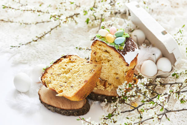 istock Festive Easter cake with white glaze and spring blooming twigs on a white background. 1316314654