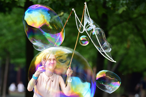 Girl with a huge soap bubble in Duisburg, Germany