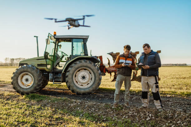 Teamwork, using digital tablet and drone on field Two men using digital tablet and drone for surveillance on field piloting photos stock pictures, royalty-free photos & images
