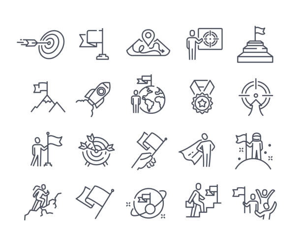 Mission, purpose, objective, aim outline icons Mission, purpose, objective, aim outline icons. Business concepts. Businessman with flag, achievement and goal icons. Editable stroke. Set of flat vector illustrations isolated on white background unmanned spacecraft stock illustrations