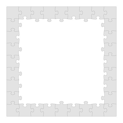 Frame of grayscale jigsaw puzzle pieces, with edges.