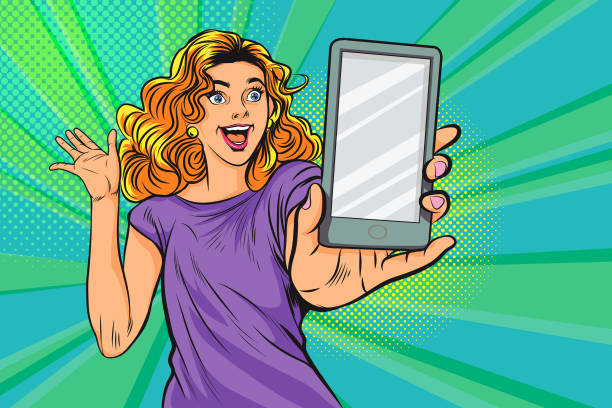 ilustraciones, imágenes clip art, dibujos animados e iconos de stock de mujer sorprendida con smartphone - omg