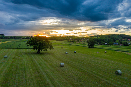 Scenic agricultural field with hay bales during sunset