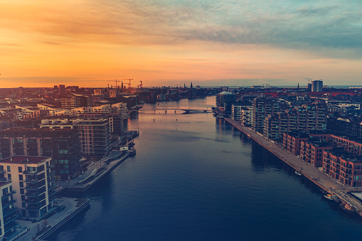Cityscape over central Copenhagen: the bicycle bridge \