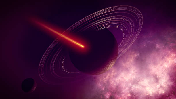 pianeta con anelli e cometa che si avvicinano a una stella. una cometa è un piccolo gas ghiacciato di rilascio del corpo del sistema solare. radiazione solare e vento solare - purple belt foto e immagini stock