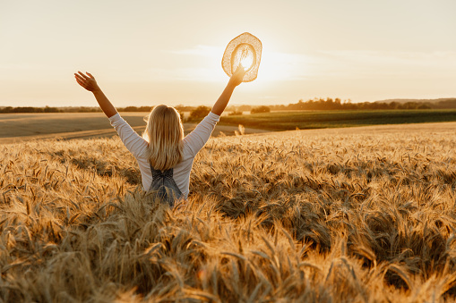 Rear view of carefree woman standing in field with raised hands against sky during sunset