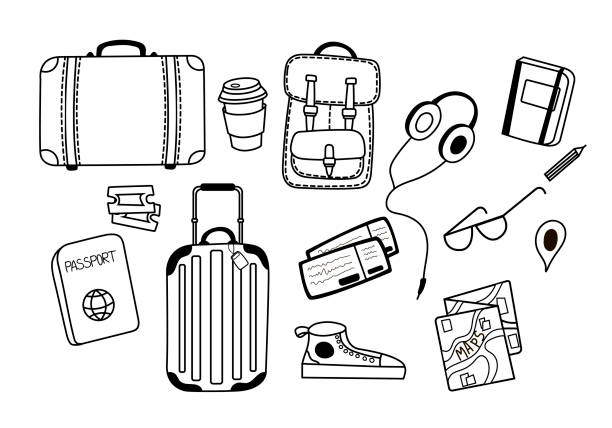 eine reihe von vektor-illustrationen für reisen mit koffern, tickets, eine karte, kopfhörer, eine tasse kaffee, gläser, turnschuhe, ein rucksack im doodle-stil - doodle map drawing sunglasses stock-grafiken, -clipart, -cartoons und -symbole