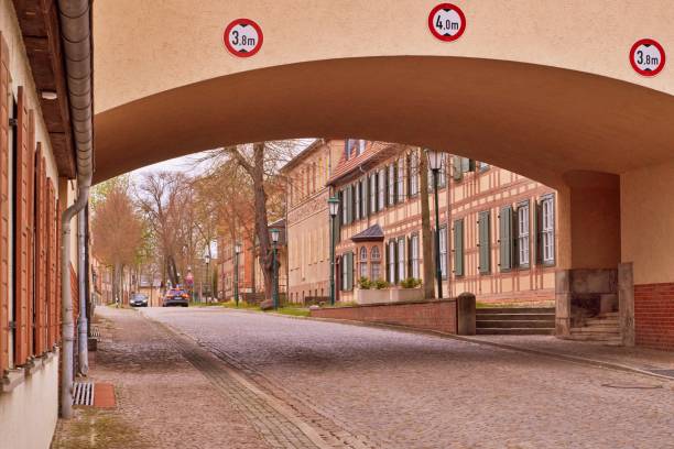Street view with historic buildings, restored, Messingwerksiedlung in Eberswalde, Barnim