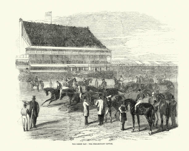 epsom derby, prew... trybuna, 1861, xix wiek - equestrian event flat racing horse racing people stock illustrations