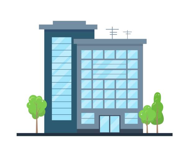 Modern city building exterior. Office center or business house. Modern city building exterior. Facade of Office center or business house. Vector illustration in flat style. construction stock illustrations