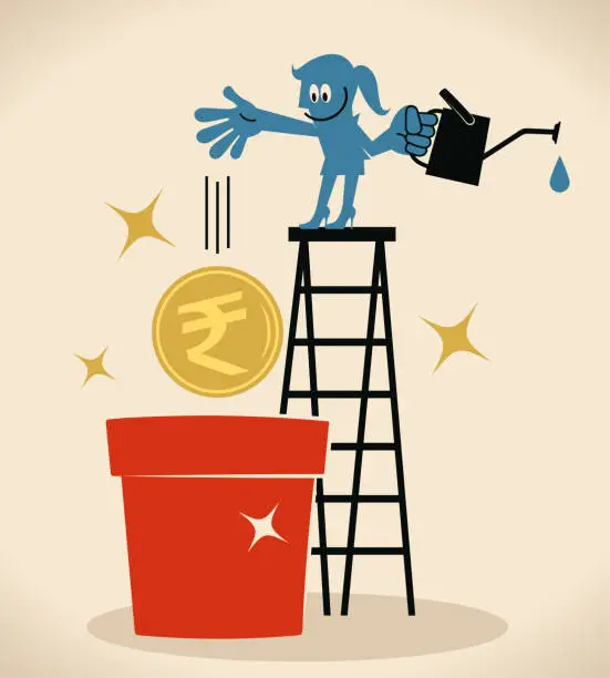 Vector illustration of Businesswoman on top of a ladder sowing and watering a money seed (Indian Rupee Currency)