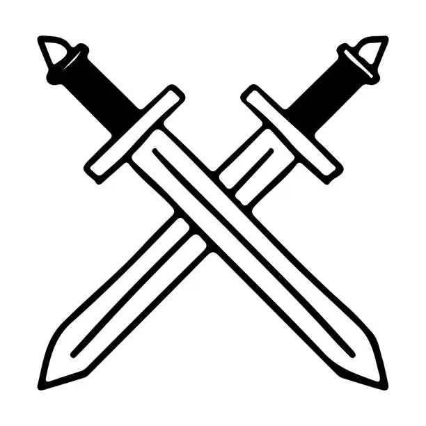 Vector illustration of Crossed Steel Swords in doodle style isolated.