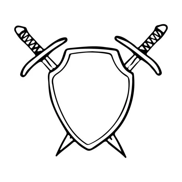 Vector illustration of Crossed swords with steel shield in doodle style isolated.