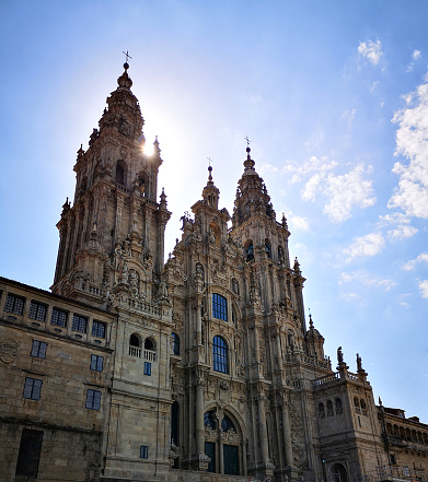 facade of Santiago de Compostela Cathedral in  Praza do Obradoiro square, xacobeo, Galicia, Spain