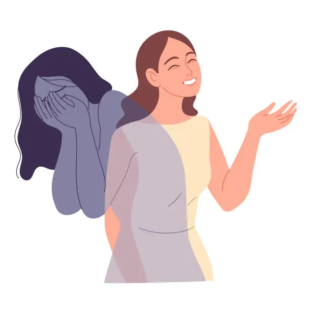 Vector illustration of Girl pretends that she is fine, but in fact she is suffering. She wants to appear good, kind, strong, afraid of being rejected, of not being loved if she is real.