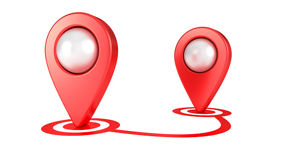 Red map pointers isolated on white background. Map pin icon. GPS place marker. Navigation and travel location. Start and end trip symbol.