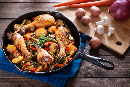 Chicken with Potatoes, Green Beans, Brussels Sprouts, Carrots and Mushrooms, Roasted in a Cast Iron Skillet