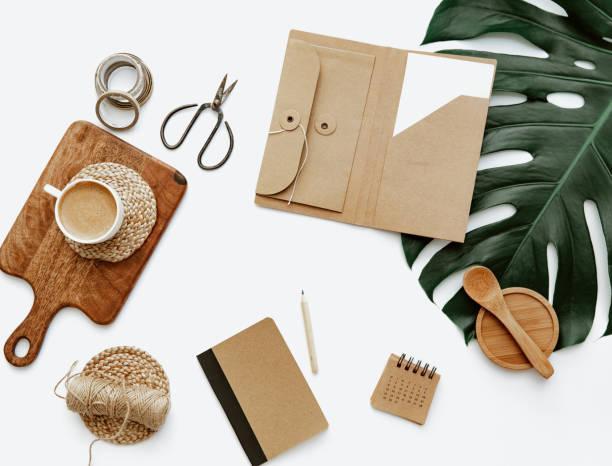 istock Flat lay workspace with cup of coffee and notes. Ideas, notes or plan writing concept. Minimal eco friendly blogger. Zero waste 1316344381
