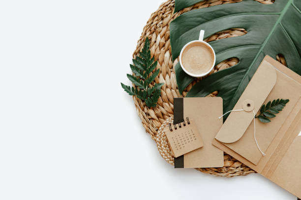 istock Summer Flat lay workspace with cup of coffee and notes. Ideas, notes or plan writing concept. Minimal eco friendly blogger. Zero waste 1316345342