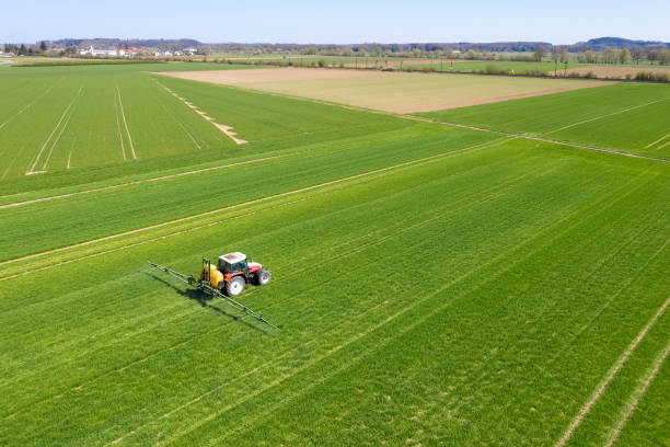 tractor rociando fertilizante en el campo, vista aérea - tractor green farm corn fotografías e imágenes de stock