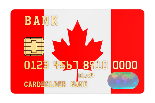 Bank credit card featuring Canadian flag. National banking system in Canada concept. 3D rendering isolated on white background