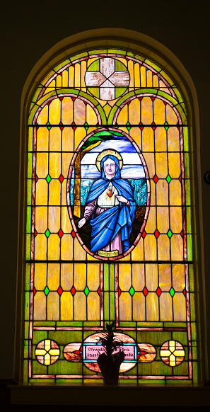Conejos, CO: Our Lady of Guadalupe Church stained glass window. This is the oldest church in Colorado, just north of Antonito, CO.