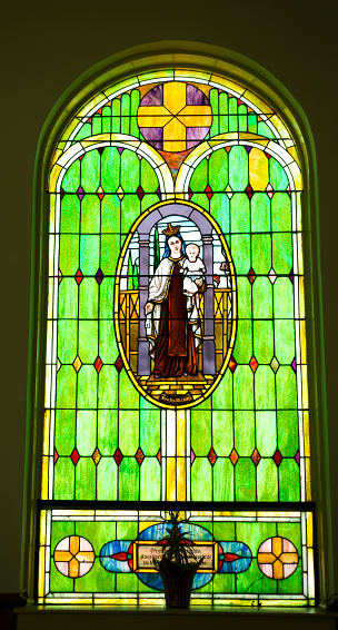 Conejos, CO: Our Lady of Guadalupe Church stained glass window. This is the oldest church in Colorado, just north of Antonito, CO.