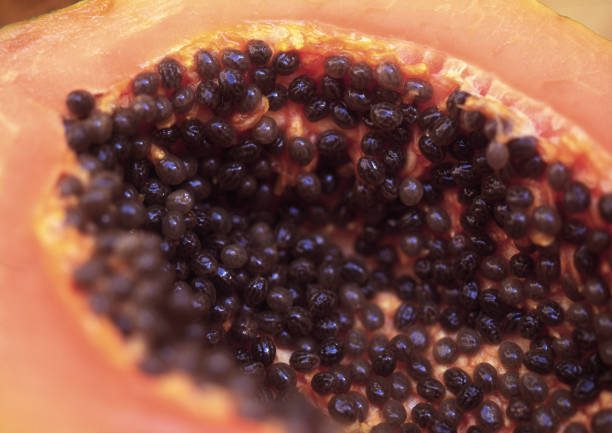 Sliced papaya showing seeds stock photo