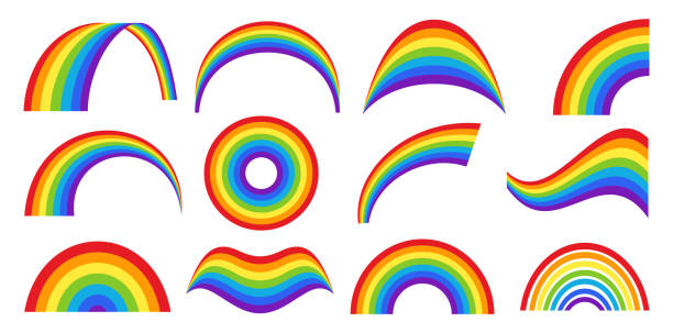 Classic weather rainbow set in different shapes Classic rainbow set in different shapes. Rainbows in minimalist style for dishes, clothes, greeting cards, advertising banners. Weather elements. rainbow stock illustrations