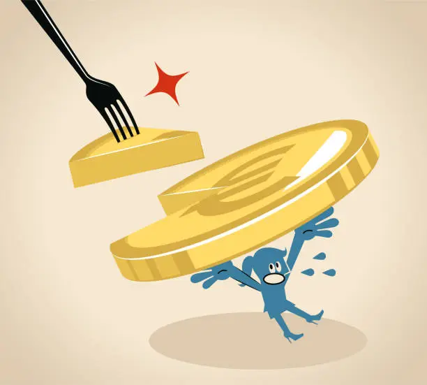 Vector illustration of Businesswoman carrying a European Union Currency (pie, cake) missing a slice stolen by a big fork