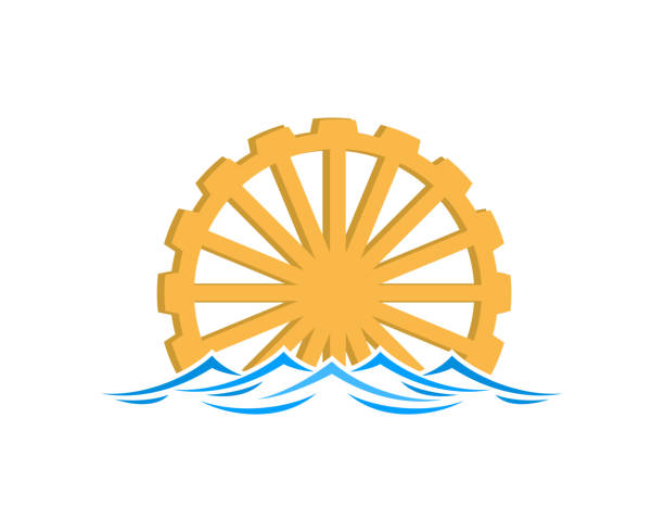 illustrazioni stock, clip art, cartoni animati e icone di tendenza di ruota dell'acqua sul logo dell'illustrazione vettoriale d'onda - water wheel