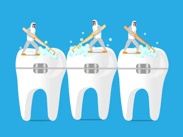 Vector illustration of Brushing teeth with braces