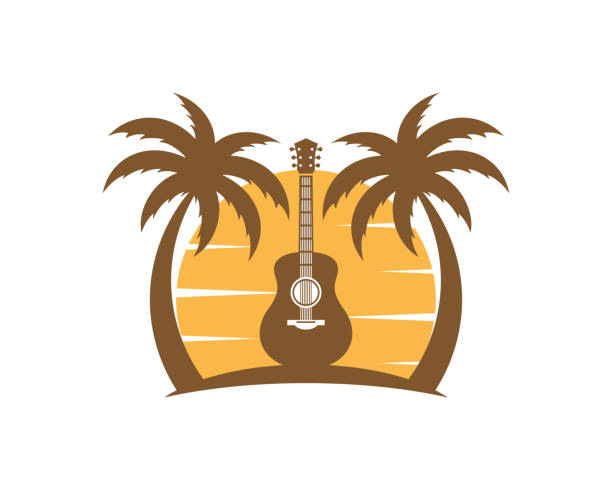 illustrations, cliparts, dessins animés et icônes de guitare entre le palmier dans la plage de coucher du soleil - sky tree audio