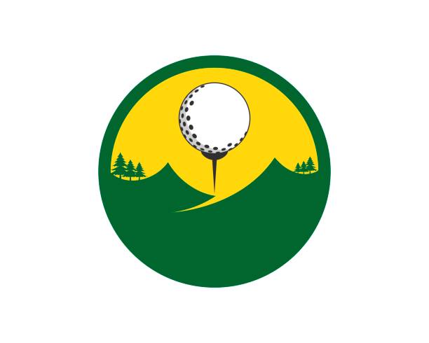 ilustraciones, imágenes clip art, dibujos animados e iconos de stock de forma de círculo con montaña y pelota de golf en el interior - golf ball circle ball curve