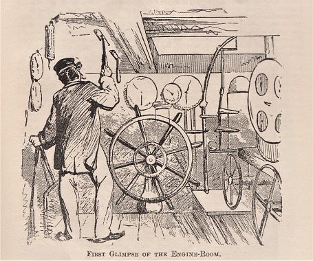 Caricature of an engineer or captain on an 1800s steamship and caption: First glimpse of the engine-room.  Illustration published 1896. Source: Original edition is from my own archives. Copyright has expired and is in Public Domain.